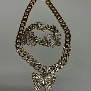 Butterfly Bling Cuban Link Necklace & Bracelet